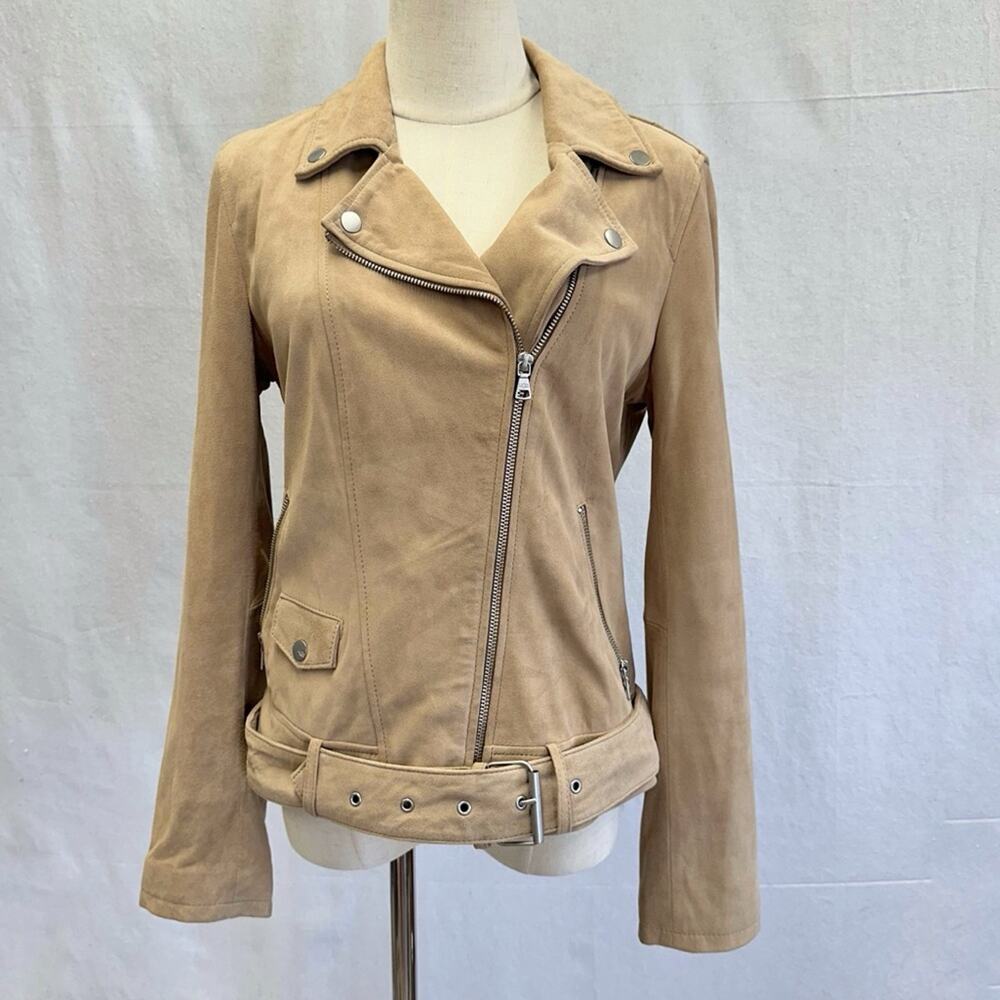 Ugg Stacey suede leather moto biker jacket belted size‎ medium sand color